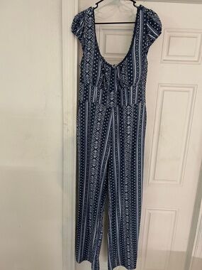 Derek Heart Navy & White Striped Tie-Front Jumpsuit